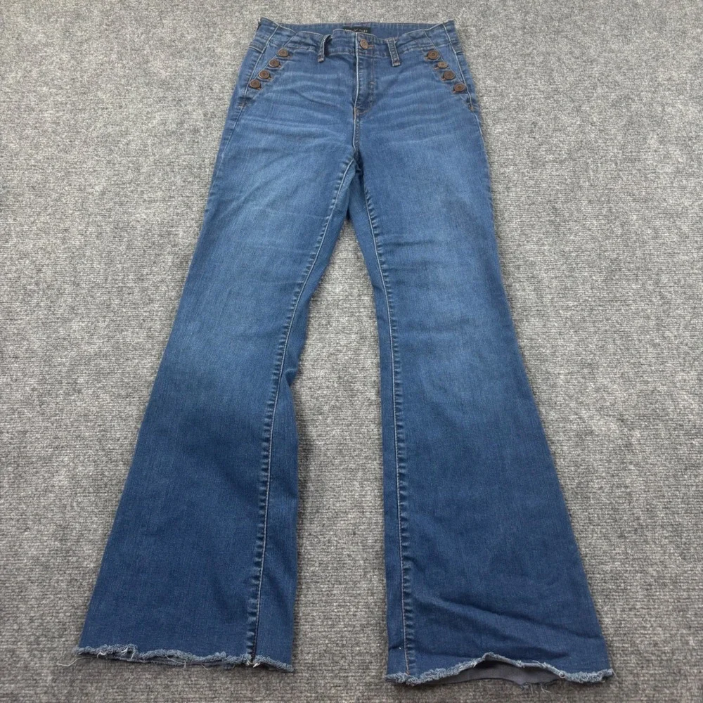 Sincerely Jules Flare Jeans 7/28 Blue Sailor‎ Button Raw Hem Womens